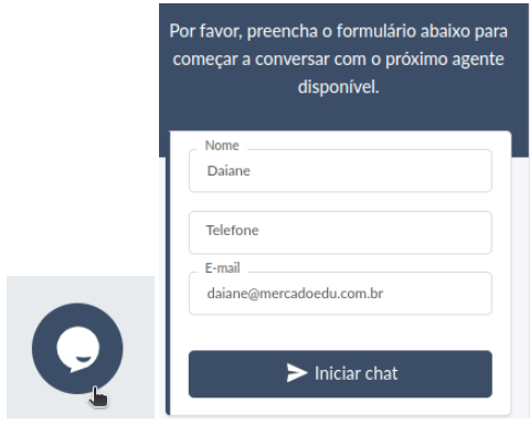 Print da tela que mostra no lado esquerdo o ícone do chat e do lado direito o formulário inicial do chat.