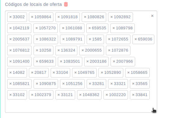 Imagem da caixa de diálogo "códigos de locais de oferta", preenchida com vários códigos numéricos.