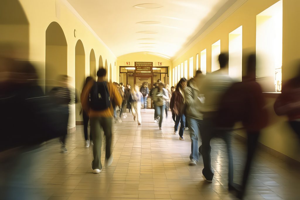 Blurred shot of high school students walking up the strs between classes in a busy school building, .