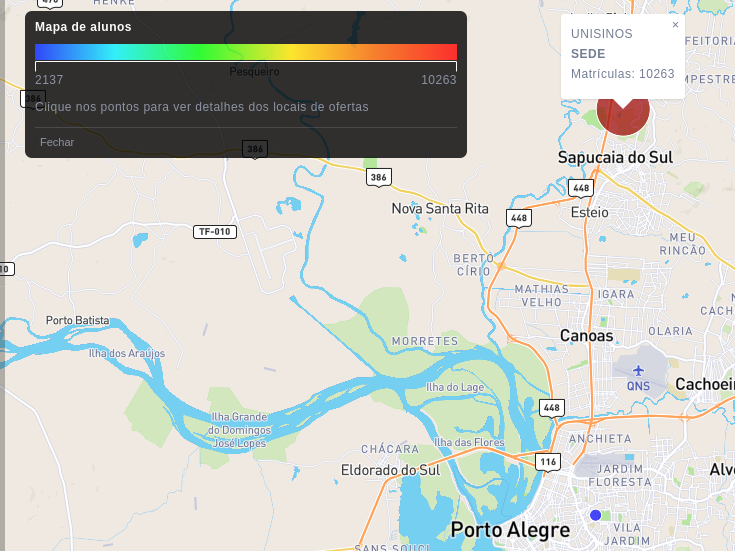 Print da tela do mapa de alunos, em destaque a região metropolitana de Porto Alegre. E um circulo vermelho destacando a região a Unisinos.