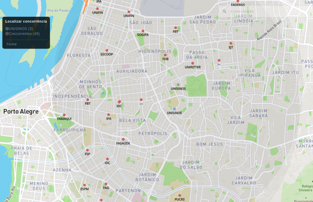 Print da tela, onde aparece um pedaço do mapa de Porto Alegre. No mapa estão representados por pontos vermelhos as IES concorrentes da Unisinos na região. 