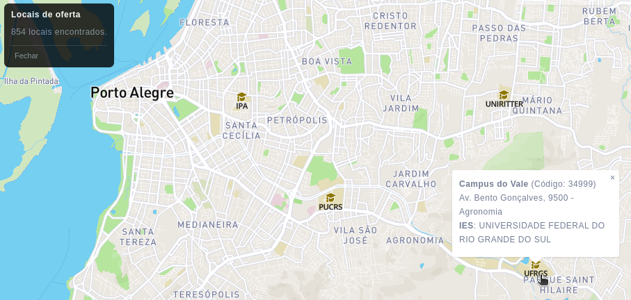 Print da tela onde aparece um pedaço do mapa de Porto Alegre. Em destaque estão 4 IES: IPA, UNIRITTER, PUCRS e UFRGS.