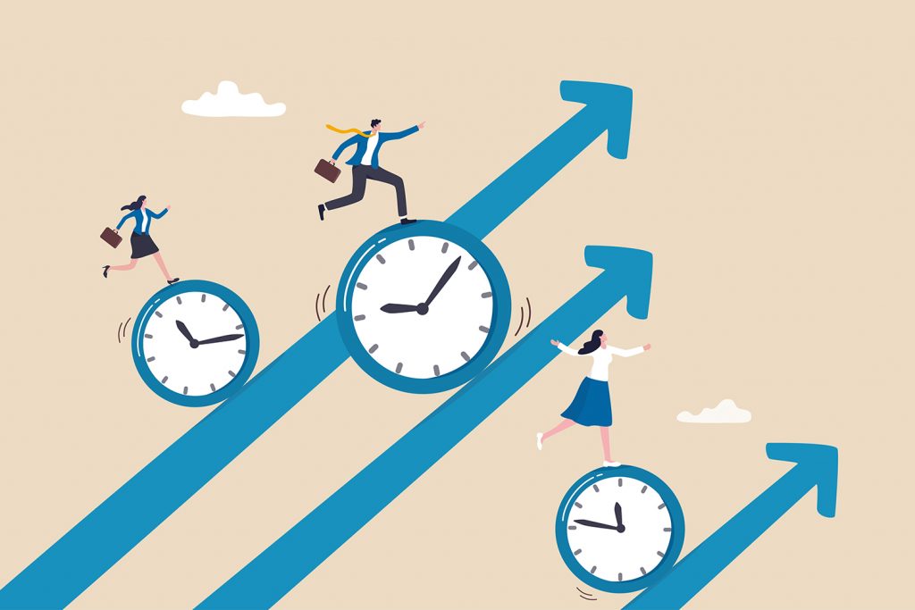 Time management, effort or efficiency boost, productivity to finish project, teamwork or planning, multitasking or finish work within deadline concept, business people riding clock up rising arrow.